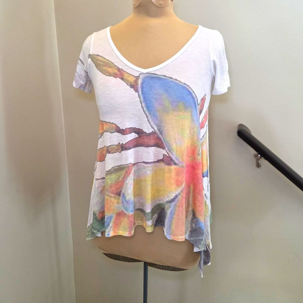 American Twist Watercolor Floral Tunic Top Flowy Fairy Hem White Sz S Artsy Boho